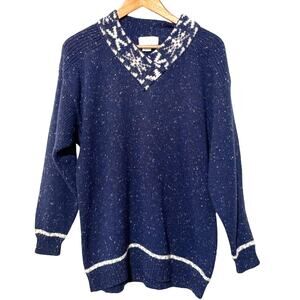 Justine Todd V-Neck Blue Tweed Wool Blend Sweater 3X Plus Size Cozy Classic